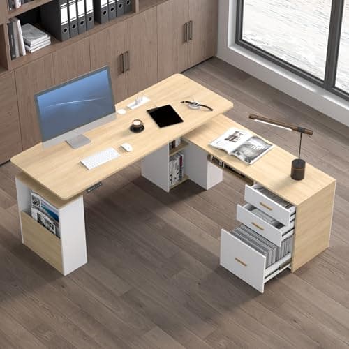 JOMEED 63" L Shaped Electric Standing Desk with Drawers, Executive Adjustable Height with Privacy Panel and Power Outlets(Oak and White) 8