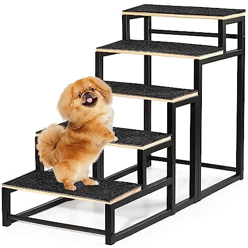 Senneny Dog Stairs for Dogs up to 160 lbs, Pet Stairs with Sturdy Steel Frame, Solid Wood Steps and Non-Slip Stair Tread, Dog Steps for High Bed, 5 Step