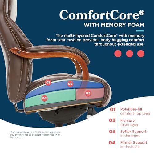 La-Z-Boy Delano Big and Tall Executive Office Chair - Ergonomic Lumbar Support Memory Foam - Bonded Leather Desk Chair for Home Office - Mahogany Wood Arms - Chestnut Brown 6