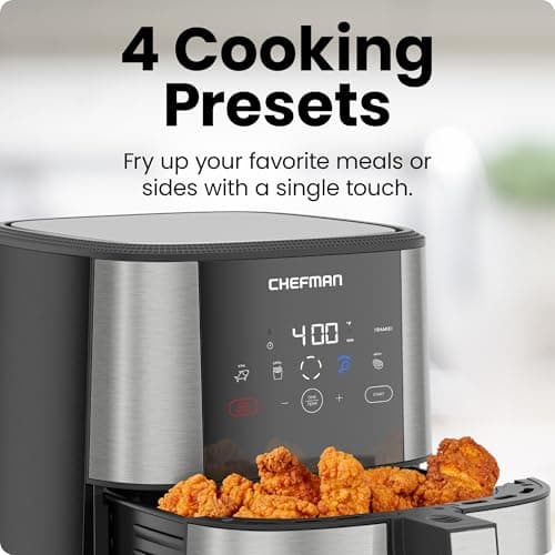 Chefman TurboFry Touch Air Fryer, Large 5-Quart Family Size, One Touch Digital Control Presets, French Fries, Chicken, Meat, Fish, Nonstick Dishwasher-Safe Parts, Automatic Shutoff, Stainless Steel 5