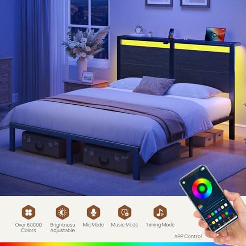 Rolanstar Full Bed Frame with Headboard, Bed Frame Full with LED Lights, Camas Full Size Bed with Charging Station, Solid Metal Slats, Noise Free, No Box Spring Needed, Black 7