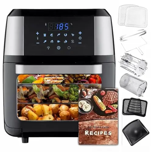 PRIJESSE XL 13QT Multifunctional Digital Air Fryer 10 Touch Screen Presets Fry, Roast, Dehydrate, Bake，Healthy Oil-free For Family Size, Easy Cook，Large Easy-View Window With Drip Tray，Roast Fork
