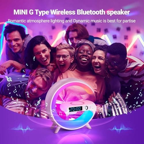 Bluetooth Speaker Wireless Phone Charger Station, G Shaped Music Lit Lamp, Colorful Atmosphere Light Wireless Charging And Alarm Clock, RGB Night Light for Bedroom, Office, Home Decor (White) 6