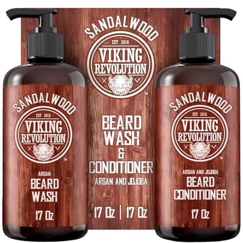 Viking Revolution Beard Wash & Beard Conditioner Set with Argan & Jojoba Oils - Softens and Strengthens - Natural Sandalwood Scent - Beard Shampoo with Beard Oil (17 oz)