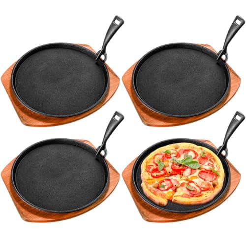 FoldTier Cast Iron Fajita Plate Set 9.84'' Steak Plate Sizzling Pan with Wooden Base and Gripper for Home Restaurant Kitchen Catering Cooking for Grilling Meats Seafood(4 Sets), Black
