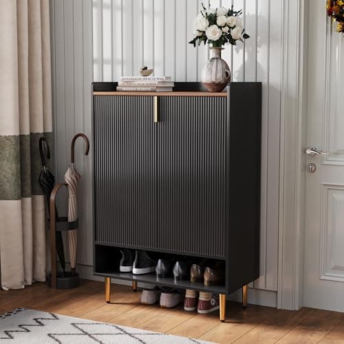 ZOSQUARE Modern Shoe Storage Cabinet, 7-Tiers Black Shoes Cabinet with Fluted Doors, 45 inch Tall Wooden Shoe Organizer with 4 Adjustable Shelves, Storage Cabinet for Entryway, Hallway, Front Door
