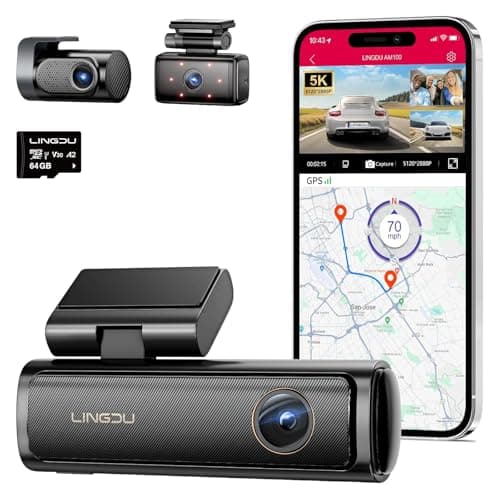 LINGDU AM100 5GHz WiFi 3 Channel Dash Cam, 4K Dual Front and Rear Dash Cam for Car with 64GB SD Card, Voice Control G-Sensor, 24H Parking Mode Night Vision, Built-in GPS Max Up Support 256GB