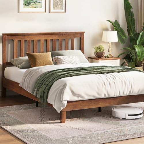 LINSY Queen Bed Frame, Wood Platform Bed Frame with Headboard, Solid Wood Bed with Wood Slat Support, No Box Spring Needed, Easy Assembly, Walnut, Queen