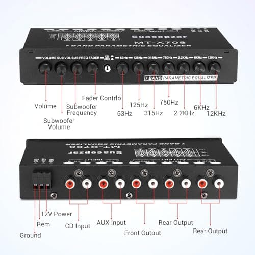 Suacopzar 7 Band Car Audio Equalizer, 7 Bands EQ Car Amplifier Graphic Equalizer W/Front, Rear + Sub Output, CD/AUX in Select Switch, Audio Output for Car Boat RV RTV Motorcycle-Suacopzar 5