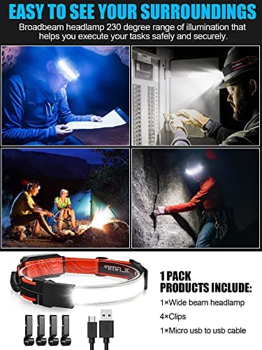 Spriak LED Headlamp Flashlight, 1000lumens 230° Broadbeam Headlight, USB Rechargeable Head Lamp with Red Taillight, Lightweight Waterproof Headlamps for Camping Running Hiking, Hard Hat Headlamp 6