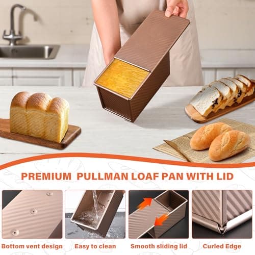 CFGUK 2 Pack Pullman Loaf Pan with Lid, 1 lb/0.5 lb Dough Capacity for Homemade Bread, Non-stick Corrugated Carbon Steel Bread Toast Box with Cover for Bakeware, Sandwich & Toast Oven Baking, Gold 5
