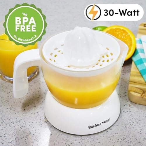 Elite Gourmet ETS-411 BPA-Free 30-Watt Electric Citrus Juicer Extractor: Compact Large Volume Pulp Control Oranges, Lemons, Limes, Grapefruits with Easy Pour Spout, 16 oz, White 2