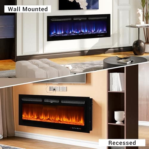 oneinmil Electric Fireplace, 50 inch Wide Recessed/Wall Mounted Electric Fireplace, Remote Control with Timer 12 Adjustable Color Flame, Remote Control,with Crystal Stone, 750/1500W 8