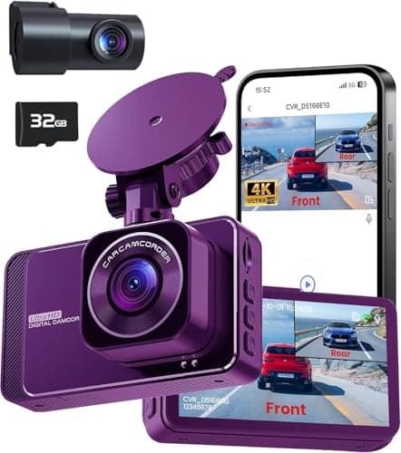 4K Dash Cam Front and Rear Camera with 5G WiFi, Dashcams for Cars with APP, 170°Wide Angle, 3" IPS Screen, Night Vision & 24/7 Parking Monitor, Loop Recording, 32GB Card Included, Purple