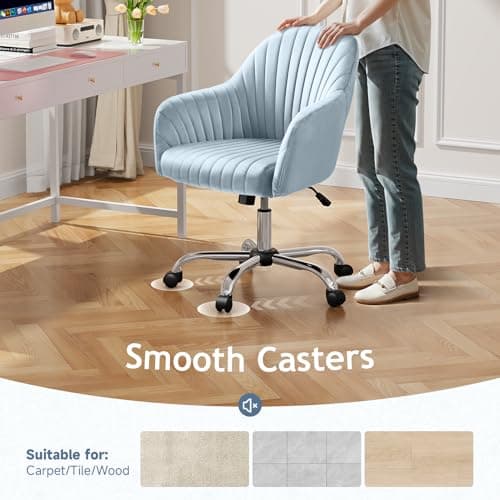 Warmiehomy Velvet Desk Chair for Home Office, Modern Adjustable Swivel Task Chair, Women Vanity Chairs with Arm Rest for Bedroom Dressing Room, Light Blue 7