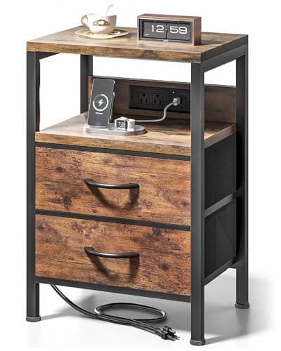 Lazzanto NightStand Bedside Charging Table Bedroom - Brown Night Stand with Charger Station, Modern Bed Side End Table with Open Shelf & 2 Fabric Drawers, USB-C Port for Dorm, Living Room