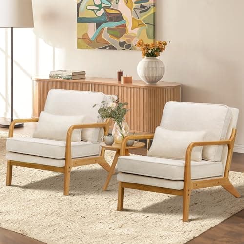 COLAMY Mid Century Modern Accent Chair Set of 2 with Lumbar Pillow, Relaxing Armchair with Solid Wood Frame & Soft Cushion, Reading Leisure Chair for Living Room（Beige） 7