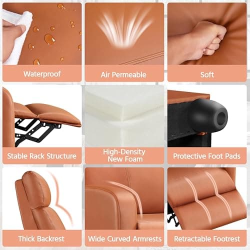 Yaheetech Recliner Chair PU Leather Recliner Sofa Home Theater Seating with Lumbar Support Overstuffed High-Density Sponge Push Tan Recliners 6