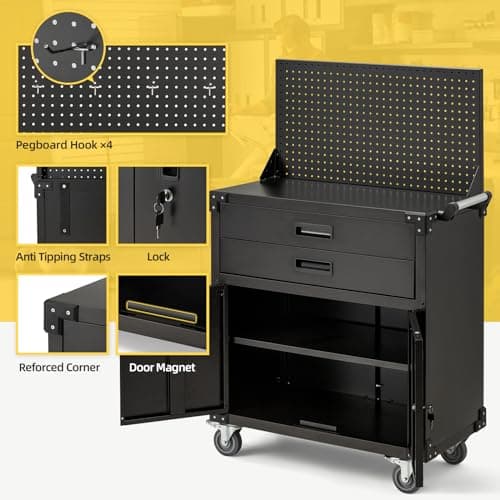 JFHID 52'' Work Bench for Garage with Pegboard Drawers and Cabinets Heavy Duty Metal Frame Tool Bench for Shop Kitchen Cabinets Organizer Work Table with Wheels (Black) 5