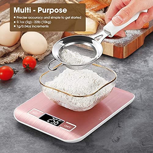 Mik-Nana Food Scale Pink, 10kg/22lb Digital Kitchen Scale Weight Grams and Oz for Baking and Cooking, 1g/0.1oz Precise Graduation, Easy Clean Stainless Steel 6