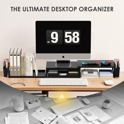 OPNICE Desk Organizers and Accessories, Dual Monitor Stand Riser with Drawer and 2 Pen Holders, Desk Shelf Metal Computer Racks for Office Workspace Organizers, Desktop Organization (Black Metal) 5