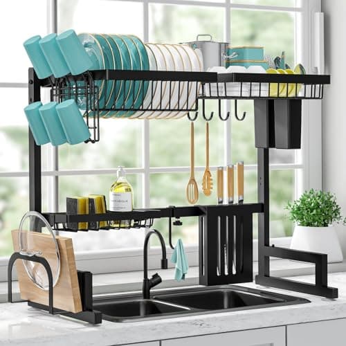 Sakugi Dish Drying Rack - Over The Sink Dish Drainer Drying Rack with Utensil & Knife Holder, Hooks, Stainless Steel Kitchen Organizers and Storage Solution, 11" D x 23.6"~35.0''W x 21.5" H, Black