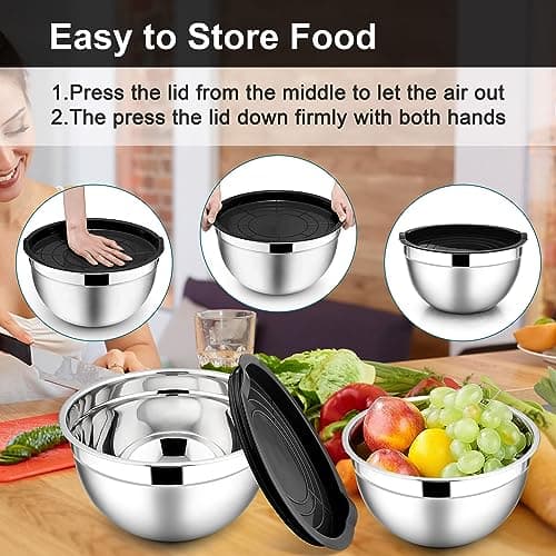 E-far Mixing Bowls with Lids, 6-Piece Stainless Steel Salad Bowls Metal Nesting Bowls for Baking Cooking and Prepping, Airtight Lids & Stackable Design, Size 4.5, 3, 1.5 QT (Black) 7