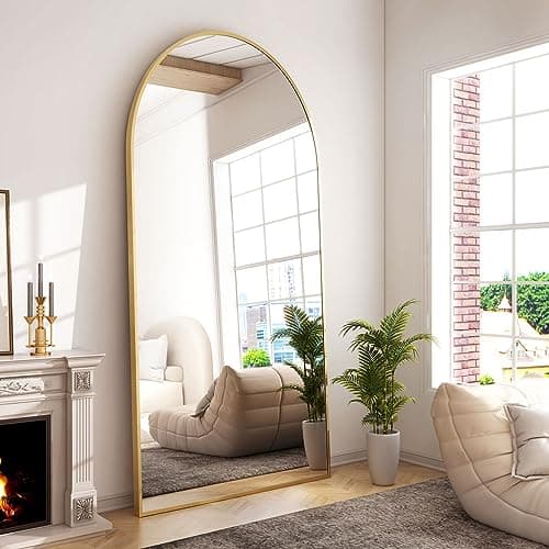 GLSLAND-34x76 inch Wall Mount Arched Full Length Mirror-Aluminum Alloy Frame High Definition-Full Body Mirror for Bedroom or Living Room,Gold