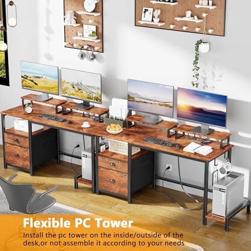 Furologee 47" Computer Desk with File Cabinet and Power Outlets, Home Office Desk with 2 Monitor Stands and Storage Drawer, Writing Gaming Table with Shelves and 2 Hooks for Bedroom, Rustic Brown 6