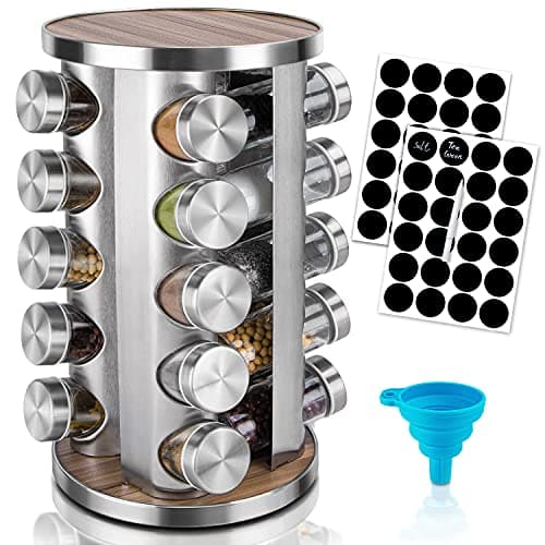 dasaka Rotating Spice Rack Organizer with Jars(20Pcs), Seasoning Organizer for Cabinet, Kitchen Spice Racks for Countertop, Revolving Stainless Steel Spice Organizer