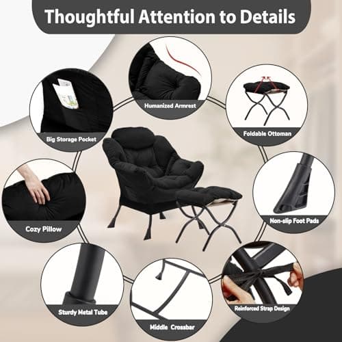 Youtanic Lazy Chair with Folding Ottoman, Accent Chair Velvet Upholstered with Metal Structure and Non-Slip Pads, Sofa Armchair with Footrest and Side Storage Bag for Dorm, Room, Office, Black 6