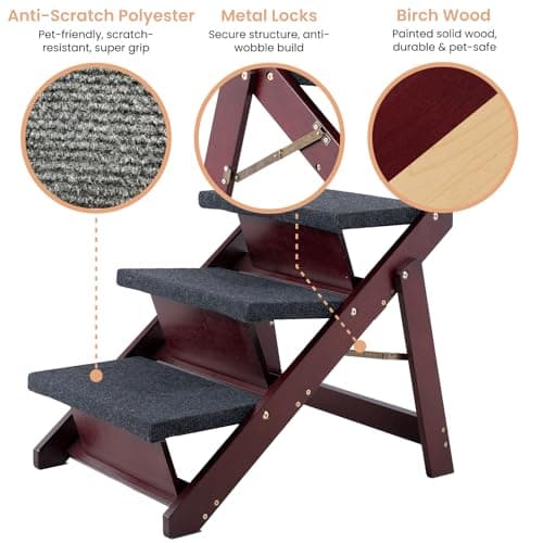 MEWANG Wooden Pet Stairs/Pet Steps - 3-in-1 Foldable Stairs & Ramp for Beds and Cars - Portable Dog/Cat Ladder Up to 220 Pounds - Great for Small and Older Animals(Brown) (24.8" L x 17.2" W x 19.5" H) 7