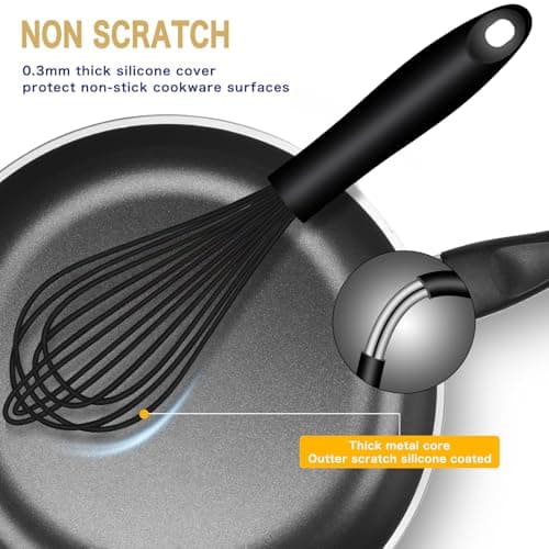 OYV Dishwasher Safe Silicone Whisk, Sealed Waterproof Design Set of 3, Professional Kitchen Whisks for Cooking Non-Scratch, Silicone & Stainless Steel Whisk, Heat Resistant Balloon Egg Beater, Black 9