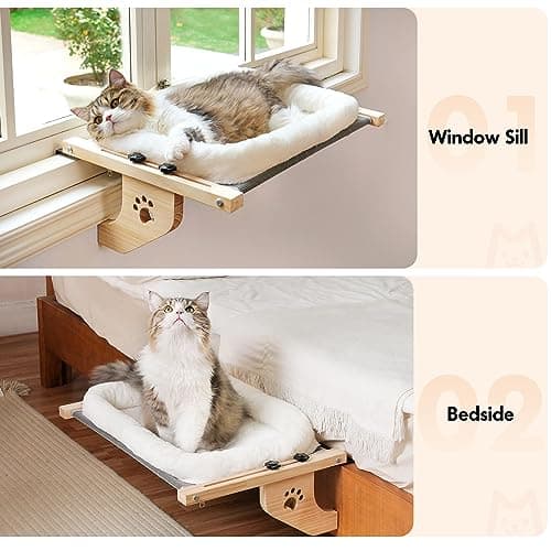 AMOSIJOY Cat Sill Window Perch Sturdy Hammock Seat with Cushion Bed Cover, Wood & Metal Frame for Large Cats, Easy to Adjust Windowsill, Bedside, Drawer and Cabinet (L) 7