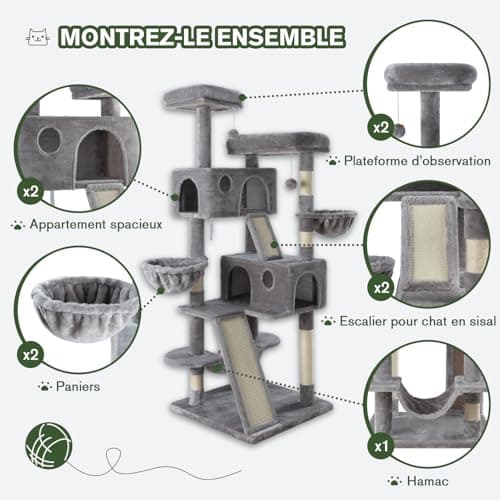 MUTICOR 66 Inches Multi-Level Large Cat Tree Tower for Indoor Big Feline/Cozy Plush Perches/Condo/Sisal Scratching Posts/Hammock and Baskets/Activity Center Play House/Wide Base/Grey 5