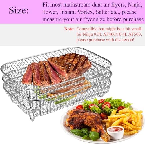 Abizarch Air Fryer Rack Accessories for Ninja Dual Basket, 3 Layers, 304 Stainless Steel Stackable Bacon Air Fryer Accessories for Ninja AF300UK, Salter/Instant/EMtronics, with Clip 5