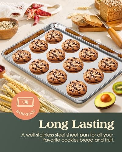 Baking Sheet Set of 2, Commercial Grade Stainless Steel Cookie Sheets for Baking, 18 x 13 Inch Thicker Large Baking Pans Oven Tray, Warp Resistant Nonstick Half Sheet Pan, Nontoxic & Heavy Duty 7