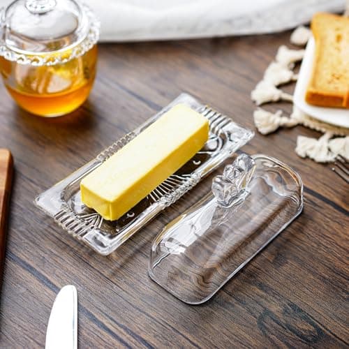 7'' Glass Butter Dish with Lid - Elegant Countertop Butter Container Holds,Clear Butter Keeper for Home Kitchen Decor,Dishwasher Safe 6