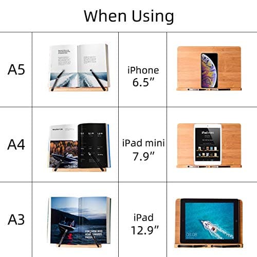 wishacc Book Stand Height Adjustable - Upright Bamboo Book Stand & Holder for Reading Hands Free, Desktop Adjustable Reading Height and Angle Book Rest with Page Clips (11.0 x 8.1 inches) 5