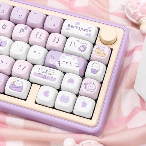 COOMICKEY PBT Keycaps, MOA Profile Keycaps 132 Keys Dye Sublimation Purple Cute Cat Customized Keycap Set for ANSI Layout Cherry MX Switches Mechanical Keyboards 5