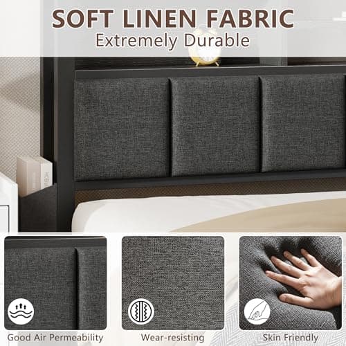 Furnulem Queen Bed Frame with Storage Drawers, Upholstered Headboard with LED Light & Charging Station, Metal Platform Bed Frame Queen Size, Noise Free, No Box Spring Needed, Black (1200 lbs Capacity) 6