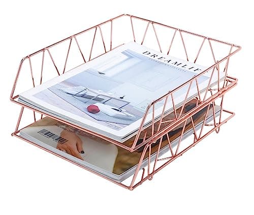 PAG Set of 2 Office Supplies Metal Stackable File Document Letter Tray Organizer for Desk, Rose Gold