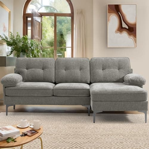 EASELAND 83" L Shaped Lounge Sofa, Chenille Sectional Couch for Living Room, 3-Seat Sofa Bed for Bedroom with Convertible Chaise, Sleeper Couch with Fluffy Armrests, Washable Cushion, Backrest(Grey)