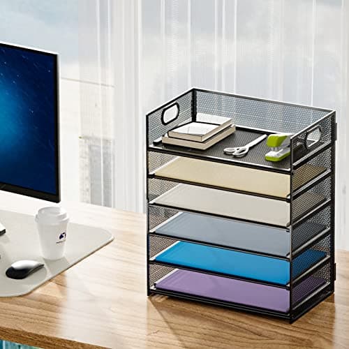 Marbrasse 6 Tier Paper Organizer Letter Tray - Mesh Desk File Organizer with Handle, Paper Sorter Organizer for Letter/A4 Office File Folder Holder - Black 6