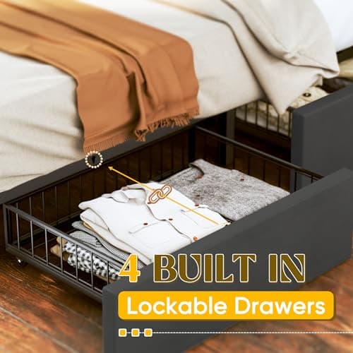 Fluest Queen Bed Frame with Headboard Storage Drawers of 4 Upholstered Bed Frame Platform Adjustable Headboard Wooden Slats Support,No Box Spring Needed,Easy Assembly,Mattress Foundation, Black 5
