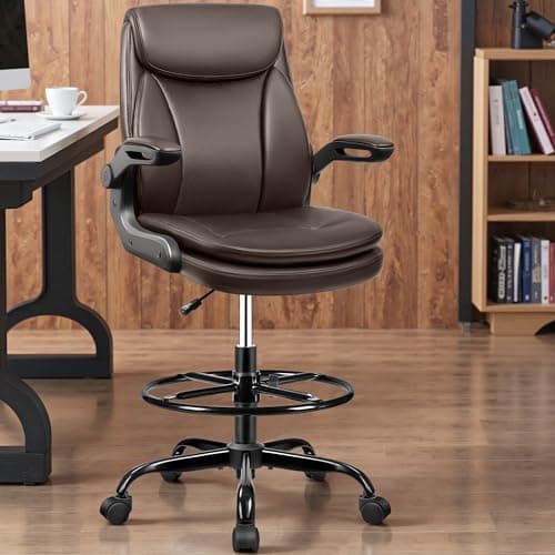 AtHope Drafting Chair Tall Office Chair Leather Executive Office Chair with Adjustable Foot Ring Flip Up Armrest - Comfy Ergonomic Desk Chairs with Lumbar Support for Office Home Studio - Brown