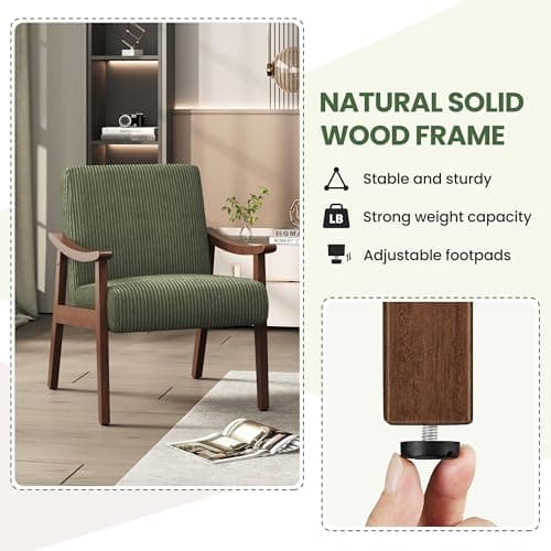 Yaheetech Corduroy Accent Chair, Mid-Century Modern Armchair with Solid Wood Legs, Reading Leisure Chair with High Back for Living Room Bedroom Waiting Room Dark Green 7