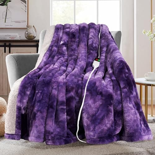 MAXEVE Electric Heated Throw Rabbit Faux Fur Blanket with 8 Heating Levels & 8H Auto Off, Fast Heating Warm Cozy Sherpa Washable Electric Blanket with Over-Heat Protection, ETL Certification, Purple