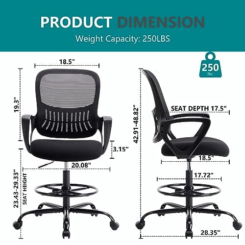 DUMOS Drafting Chair - Counter Height Adjustable Tall Office Desk Chair with Fixed Armrests and Comfortable Lumbar Support for Standing Desk, Deep Black 3
