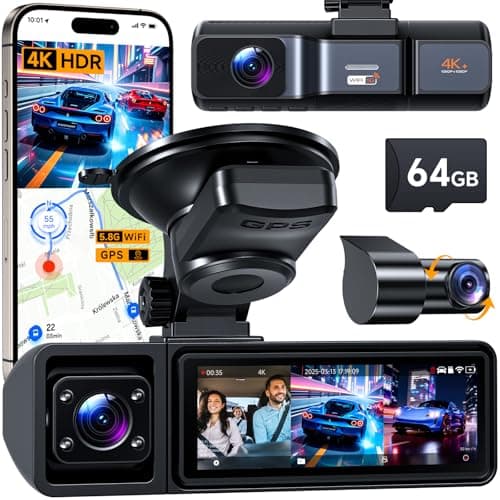 3 Channel Dash Cam, Dash Cam Front and Rear Inside, 5.8GHz WiFi Built-in GPS, Free 64GB Card, 3.2" IPS Screen, 4k Dash Camera for Cars, IR Night Vision, 24H Parking Mode, G-Sensor